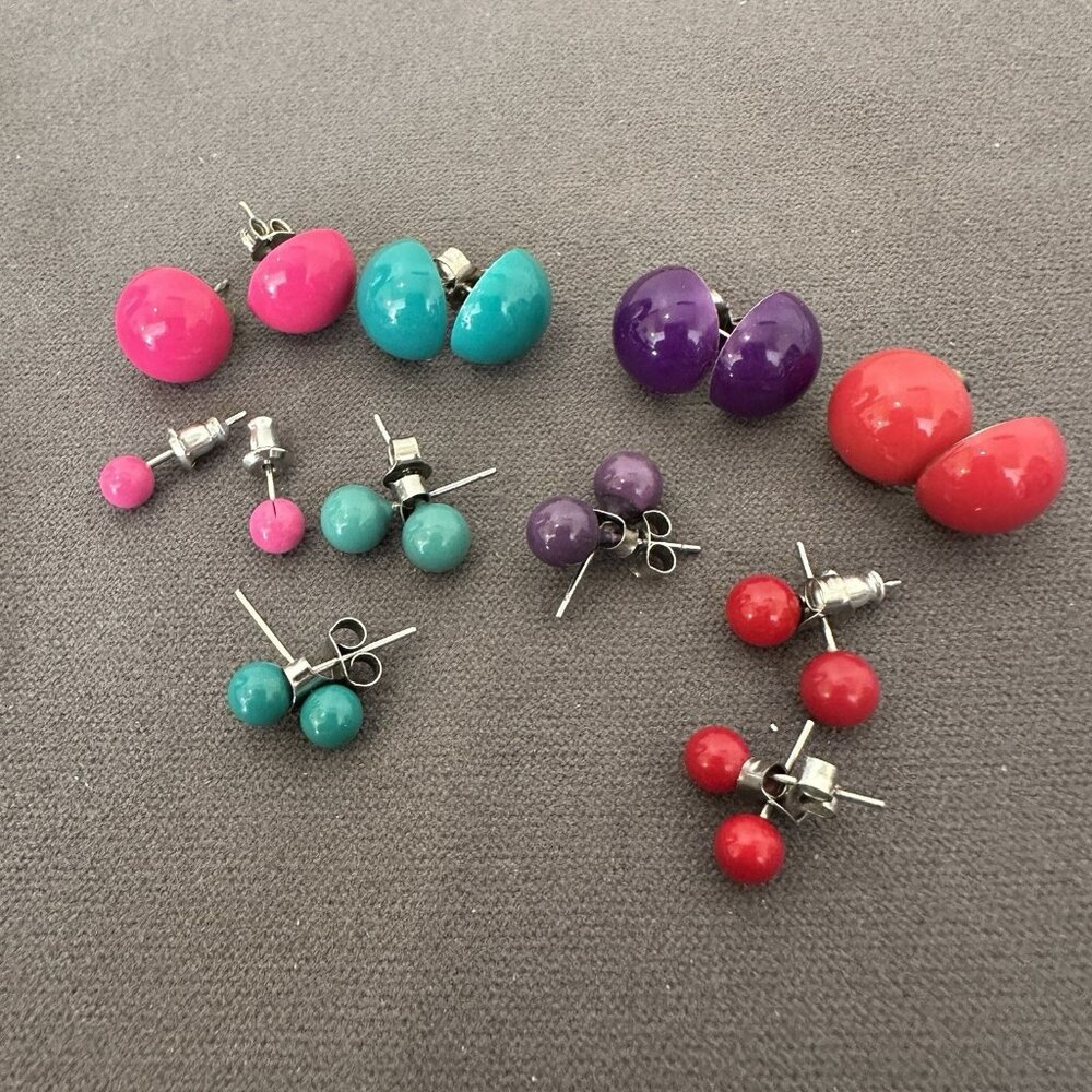 Lot Of Vintage Earrings 1980s Round Red Pink Teal Purple